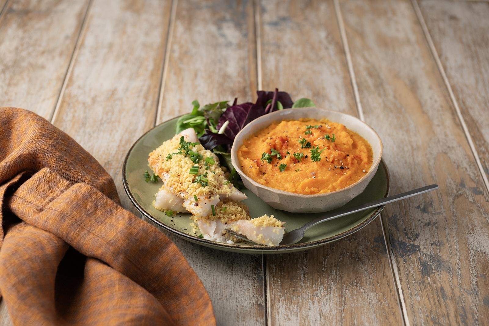 Merlan mariné aux épices douces en croûte croustillante