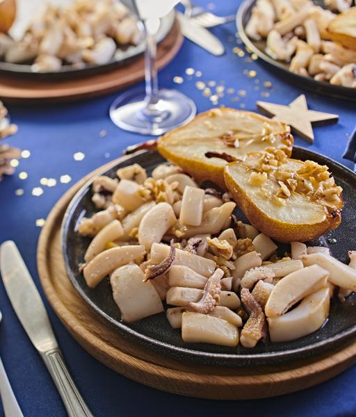 FRICASSÉE DE SEICHE, SAFRAN ET POIRE RÔTIE